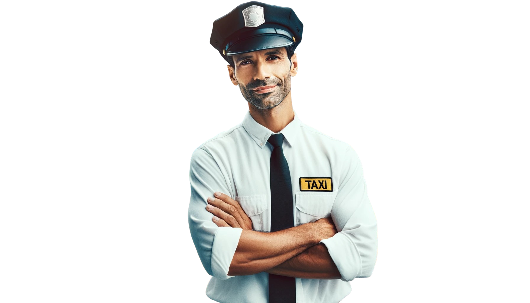 Image of a taxi driver waiting by his cab, dressed in a professional uniform, with a friendly and approachable demeanor.